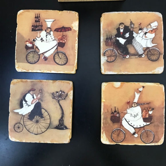 Jennifer Garant set of 4 Stone and Cork Coasters Fat Chef on Bicycle in box NWOT - Picture 3 of 4